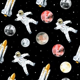 space pattern of astronaut, rockets and space objects