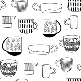 handmade ceramics doodle seamless pattern. cute hand drawn cups and mugs. vector template design for textile, backgrounds, packages, wrapping paper, fabric, wallpaper.
