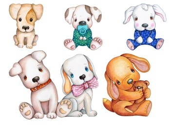 set of cute cartoon pretty toy pups, doggies. watercolor hand drawn illustrations for kids, isolated.