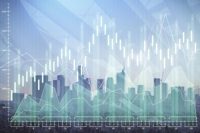 forex chart on cityscape with skyscrapers wallpaper double exposure. financial research concept.