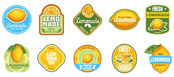 lemonade label. natural lemon juice, fresh fruits lemonades drinks badge and summer sweet beverage sticker vector set. fruit summer beverage juice, citrus badge sticker illustration