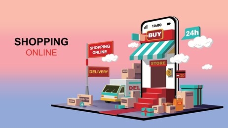 mobile application, online shopping on website, logistics package delivery, vector concept