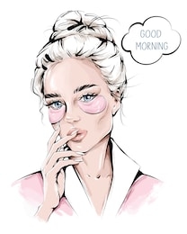 hand drawn beautiful woman with hydrogel eye patches on her face. stylish blonde hair girl. women’s morning routine. sketch. fashion illustration.