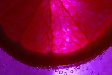 a slice of orange in soda. bright pink neon light. close-up, detailed macro photo. the concept of summer refreshing drinks, cocktails, lemonade.