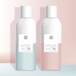 vector healthcare, medical, toiletries, hair care or skincare beauty boston bottle with pastel pink or blue gradient minimal design