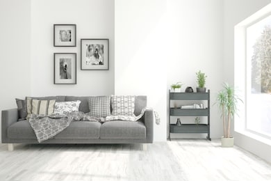 white living room with sofa. scandinavian interior design. 3d illustration
