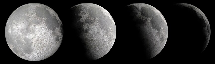 close up detail of various moon phases from full to waxing crescent