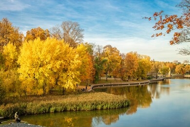 autumn landscape. bright golden colors of autumn against the blue sky are reflected in the water of a beautiful full-flowing river.