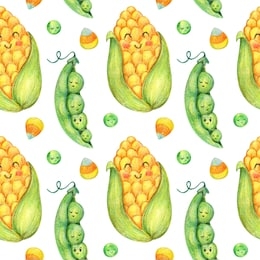 hand drawn kawaii vegetables pattern. cute food illustration isolated on white. cartoon corn cob, pea pods with cute faces. eat healthy seamless pattern. vegan kids menu.