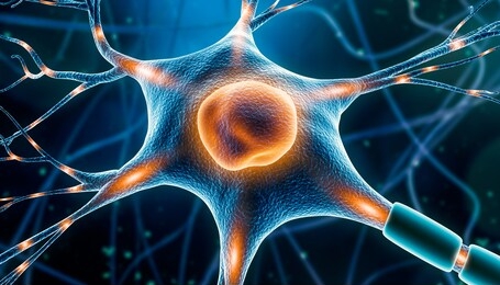 neuron cell close-up 3d rendering illustration with nervous impulses along dendrites, axon, soma and nucleus. neuronal and brain activity,  neuroscience, neurology, anatomy, medicine artistic concept.