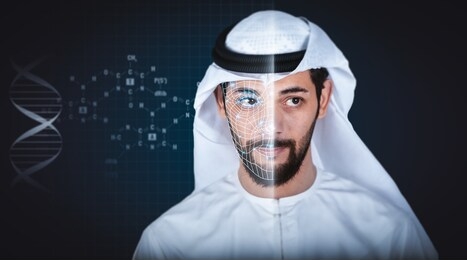 facial recognition system, concept. arab young man, face recognition, dubai high security.
