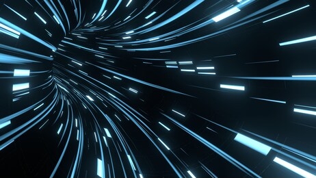 3d rendering of abstract fast moving stripe lines with glowing sun light flare. high speed motion blur. concept of leading in business, hi tech products, warp speed wormhole science.
