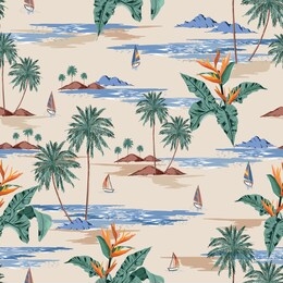 retro seamless tropical island pattern on light beige ocean background. landscape with palm trees,beach and ocean vector hand drawn style.design for fashion,fabric,web,wallaper,wrapping and all prints
