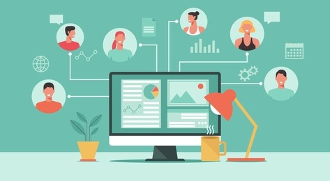 people connecting and working online together on computer, remote working, work from home and work from anywhere concept, flat vector illustration