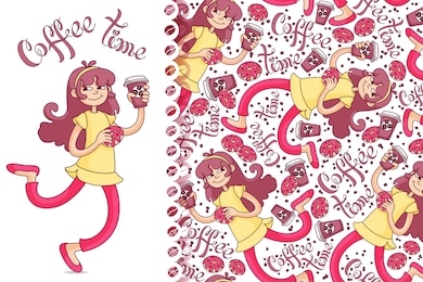 editable seamless pattern with cute girl in flat style. postcard on the theme - "happy coffee break time". 