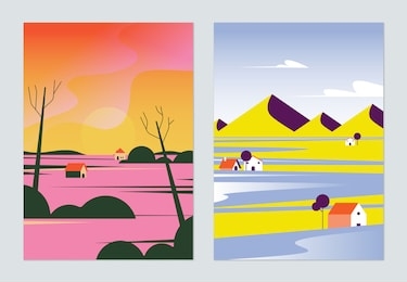 countryside landscape poster design, small village in rural