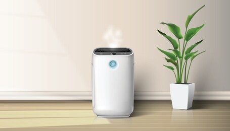 3d realistic vector air purifier in the interior on the wooden floor  background illustration with house plant on the floor. air cleaning and humidifying  devise for the house.