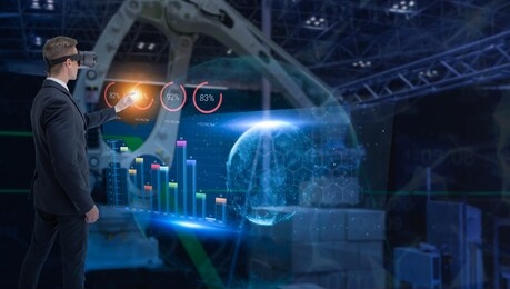 industry 4.0 robot concept .engineers are using virtual ar to maintain and check the work of human robot in the 4.0 smart factory.