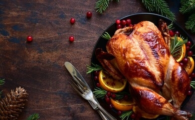 roasted chicken with oranges ,rosemary and cranberries on a christmas table. top view with copy space.