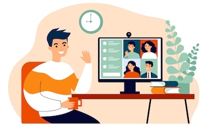 worker using computer for collective virtual meeting and group video conference. man at desktop chatting with friends online. vector illustration for videoconference, remote work, technology concept
