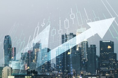abstract creative financial diagram and upward arrow hologram on los angeles office buildings background, growth and development concept