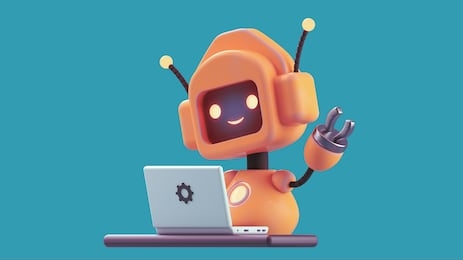 friendly positive cute cartoon orange robot with smiling face waving its hand. chatbot greets. customer support service chat bot. robot assistant, online consultant. 3d illustration on blue background