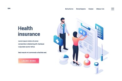 isometric design with patient and medical insurance salesman on white background for promotion of convenient health insurance service on internet
