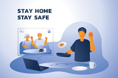 young man video call with parents while cooking at home vector illustration.