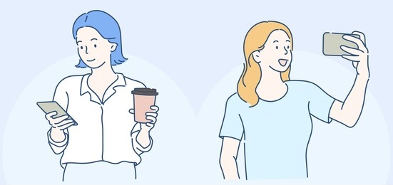 pretty girl look at their mobile phones. they are chatting through social media and selfie action. hand drawn in thin line style, vector illustrations.