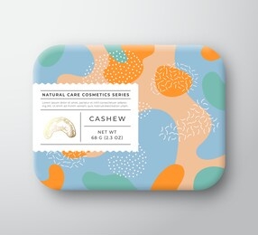 nuts bath cosmetics box. vector wrapped paper container with care label cover. packaging design. modern typography and hand drawn cashew. abstract camo background pattern layout. isolated.