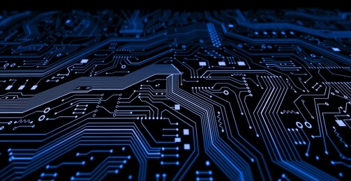 technological illustration with blue microcircuit lines, close up view. panorama