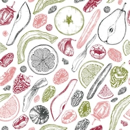 dried fruits and berries seamless pattern. hand drawn dehydrated fruits background with mango, melon, fig, apricot, banana, persimmon, dates, prune, raisin. for vegan food, snacks, healthy breakfast.