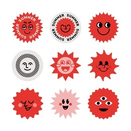a set of stickers. the sun, logo, smile face, good mood. brutalism, modern design. the style of the 80s.