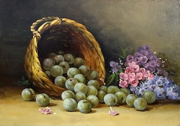 juicy, ripe plums in a basket and phlox,oil painting, fine art, still life, background, fruit, flowers, summer