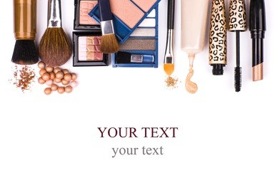 makeup brush and cosmetics, on a white background isolated, with clipping path