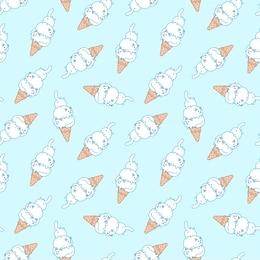 cute background. seamless pattern of ice-creams looks like three funny cats sitting in a waffle cone on a blue backround. vector 8 eps.