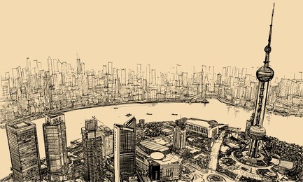 vector illustration - aerial view of shanghai above the river