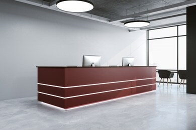 contemporary reception table standing on concrete floor. workplace and corporate concept. mock up, 3d rendering
