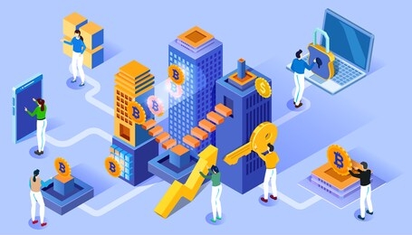cryptocurrency investment. block chain technology, smart city. vector isometric creative illustration. data save and protection.