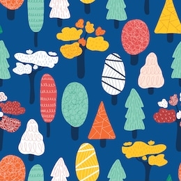 doodle trees seamless vector kids pattern. repeating abstract nature background various forest trees pink orange red blue green on blue backdrop. for fabric, childrens wear, wallpaper, wrapping, decor