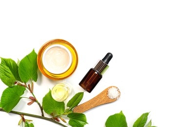 skin care products, natural cosmetic. flat lay image on white background natural cosmetic skincare bottle, serum and organic green leaf. homemade and beauty product concept.