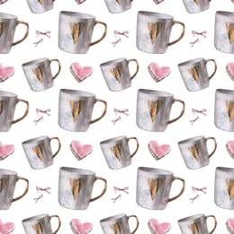 romantic seamless pattern of cups, pink cookies in the shape of a heart and bows. illustration watercolor hand painted on a white background. for printing textiles, packaging and menu design.