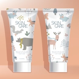 vector baby cream, wash, shampoo or lotion tube packaging with winter animals in the forrest theme printed