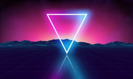 retro futuristic background for game. music 3d dance galaxy poster. 80s background disco. neon triangle synthwave digital wireframe landscape with palms. space vector.