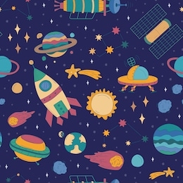 colorful cartoon space background with rocket, different planets, alien spaceship, ufo, stars and asteroids which fly in outer space through universe. cosmic seamless vector pattern in sketch style.