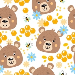 vector seamless pattern: bears and honey. cute cartoon bears,honeycombs, bees and flowers on white background. pattern for children textile. cute summer background.