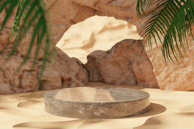 rock cliff and stones on sand with green palm trees and round cylinder marble podium. product presentation background. 3d rendered illustration.