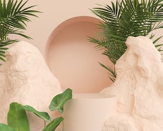 abstract geometric stone and rock shape background, minimalist mockup for podium display or showcase, 3d rendering.