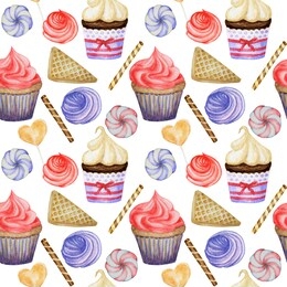 watercolor seamless pattern. red blue sweet deserts with cream and biscuit, waffle, cake, cupcake, berries. hand drawn delicious food illustration on white background. fabric texture design concept.