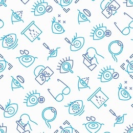 ophthalmology seamless pattern with thin line icons: laser eye surgery, eye test, eye drops, contact lenses, cataract, astigmatism, phoropter, autorefractometer, farsightedness. vector illustration.